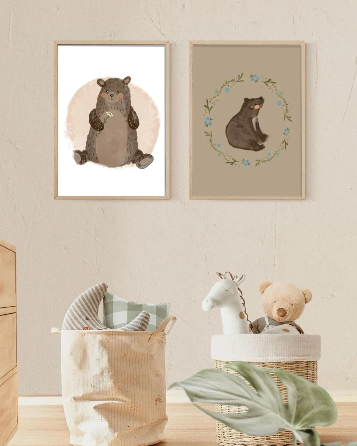 Flowers & Teddy Bear - Ahşap Çerçeve, Çerçeveli Tablolar, Çocuk Odası Tabloları, Çerçeve