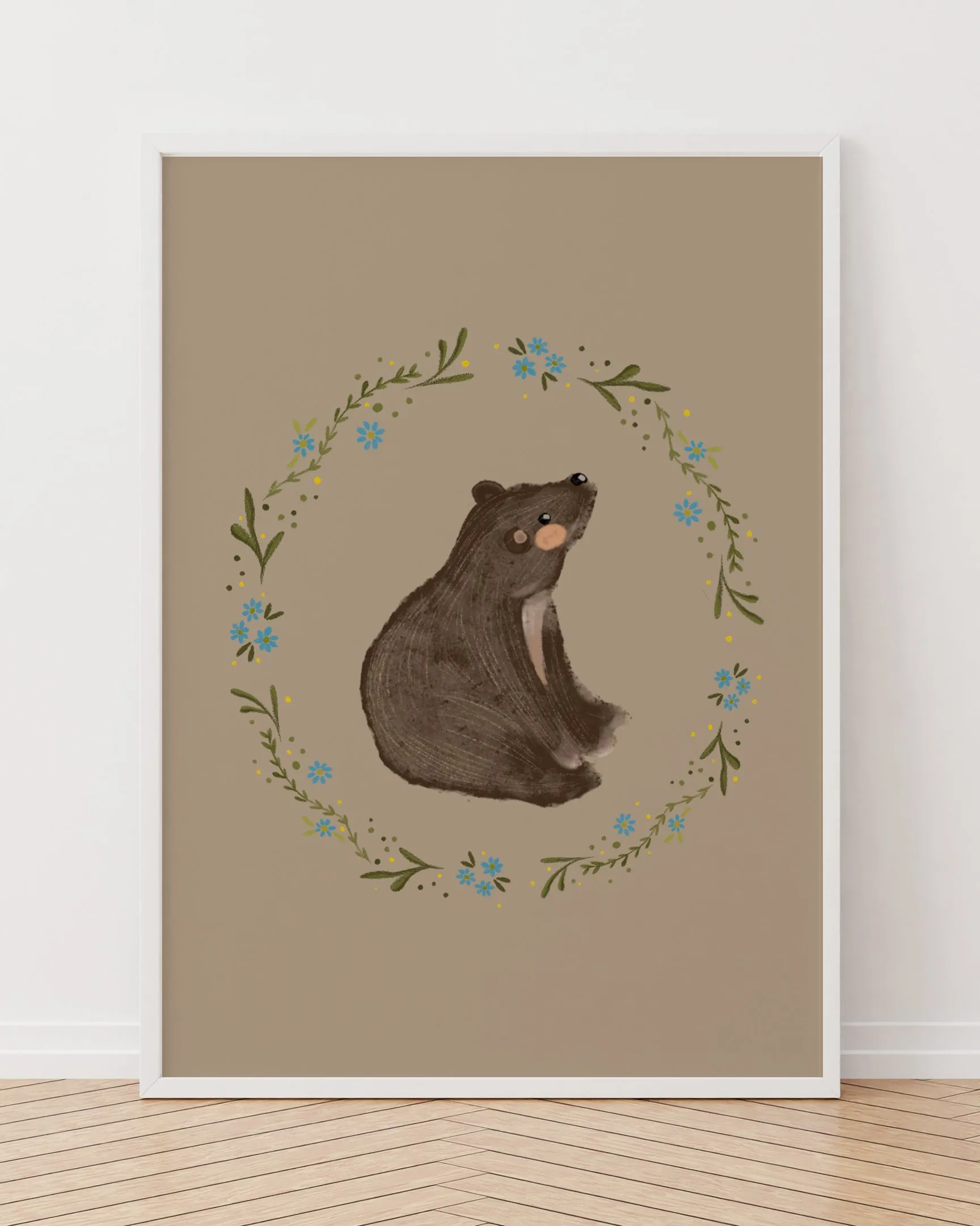 Flowers & Teddy Bear - Ahşap Çerçeve, Çerçeveli Tablolar, Çocuk Odası Tabloları, Çerçeve