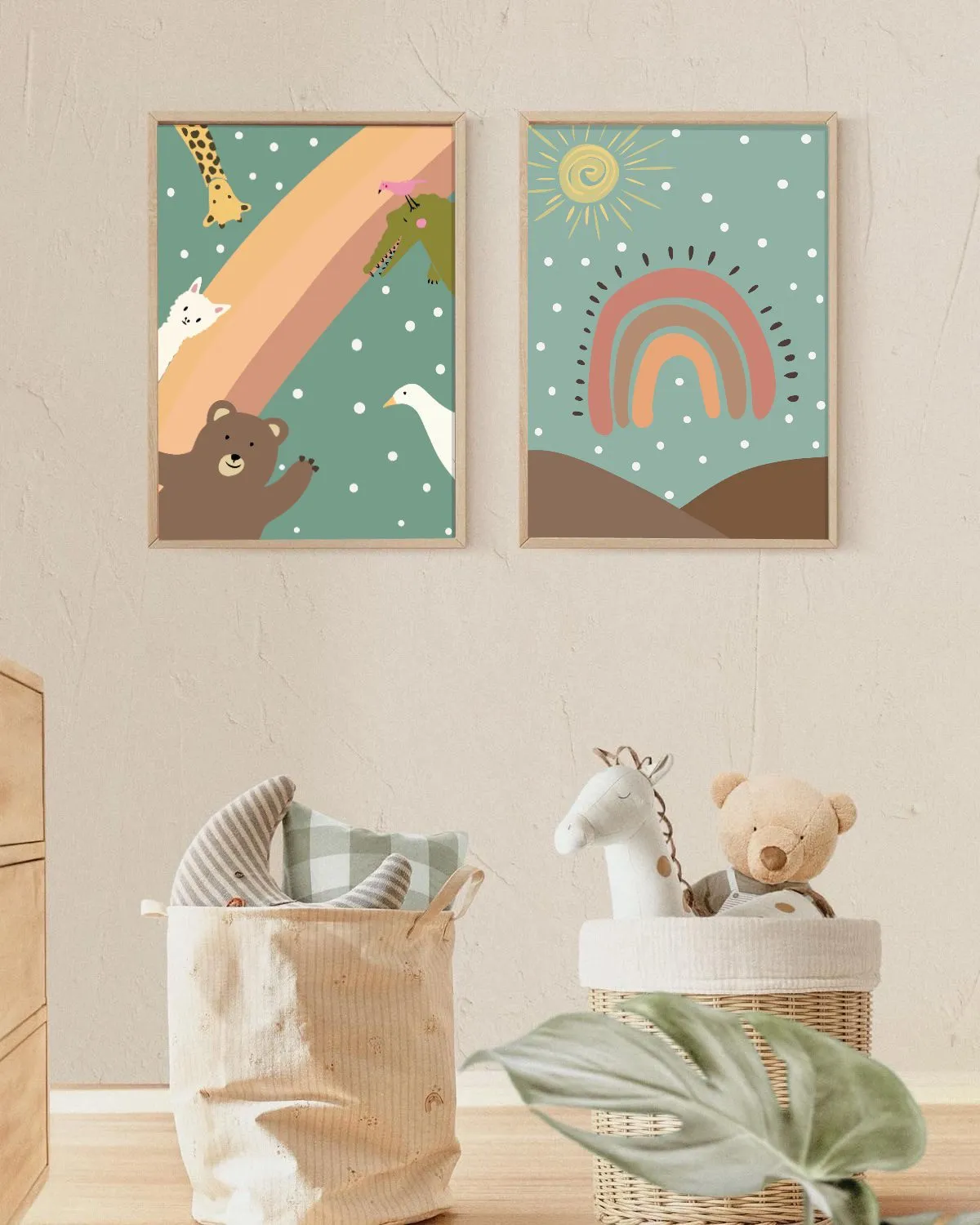 Rainbow & Animals - Ahşap Çerçeve, Çerçeveli Tablolar, Çocuk Odası Tabloları, Çerçeve